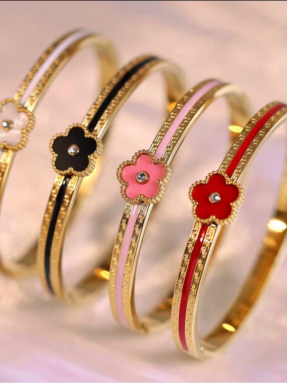 Gold Floral Enamel Bangle Bracelet - Multicolor Options